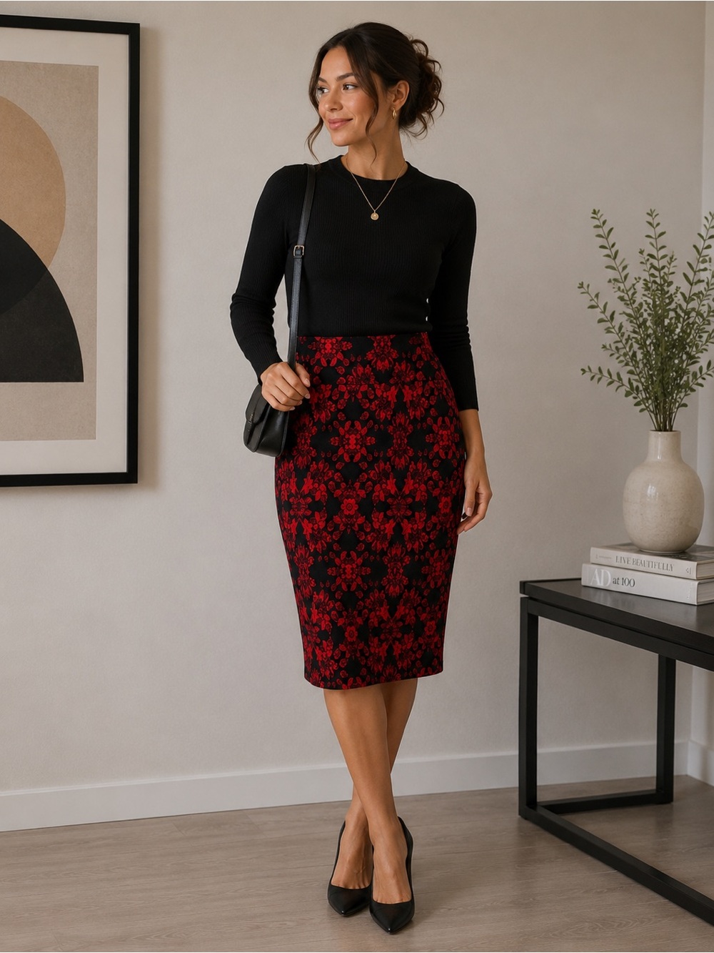 Thalia Sodi Red and Black Floral Pencil Skirt